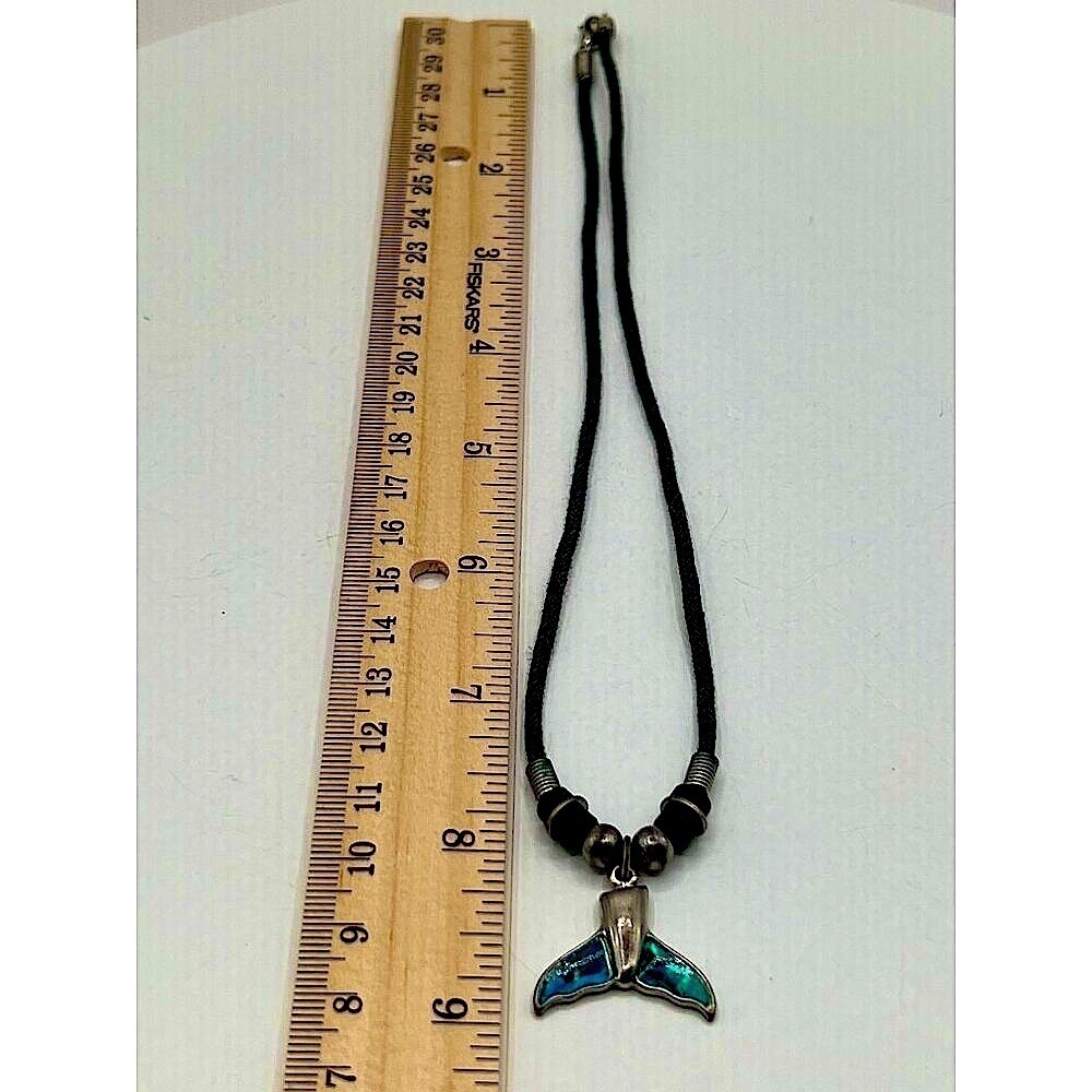 Handcrafted Whale Tail Necklace With Blue Inlay & Beaded Cord For Ocean Lovers - Picture 3 of 6